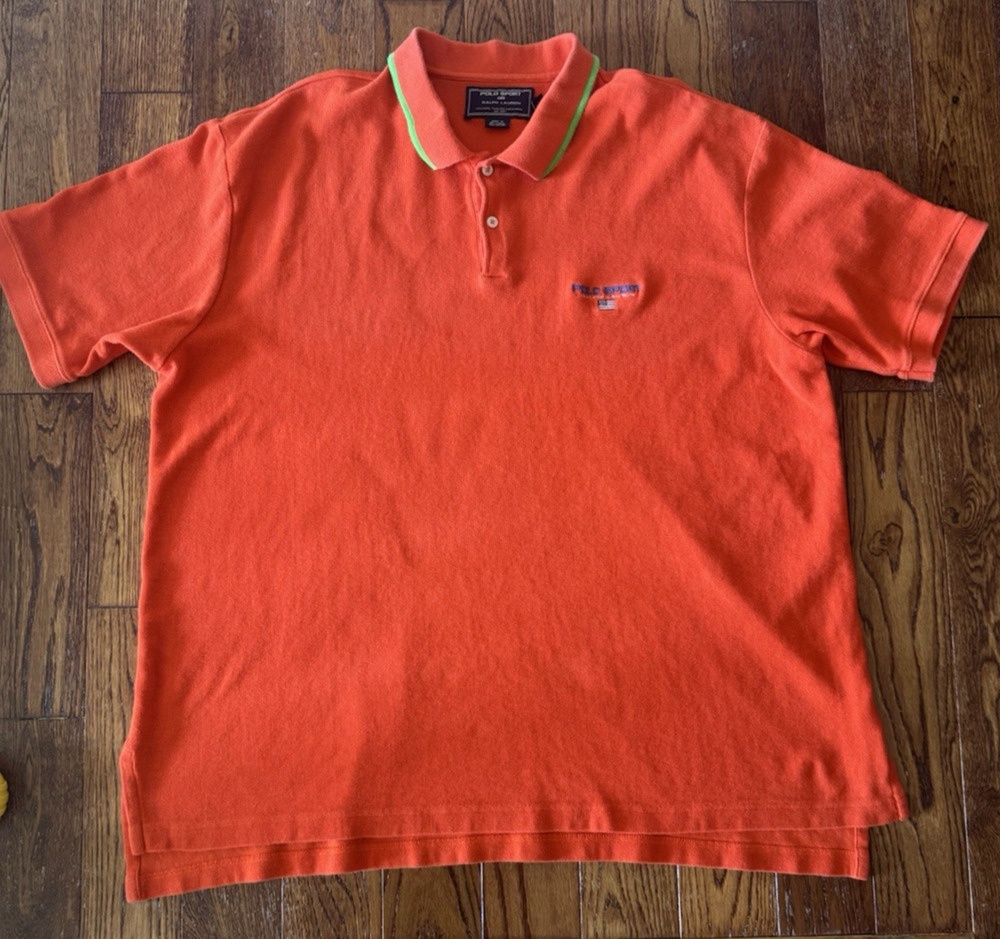 VTG 90s Polo Sport Ralph Lauren Orange Pique Knit Polo Shirt Mens XXL Rare Tag
